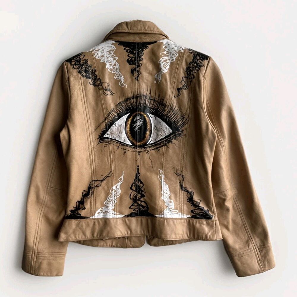 John Paul Richard Hand Painted Petite Leather Women's Small Beige Jacket Evileye